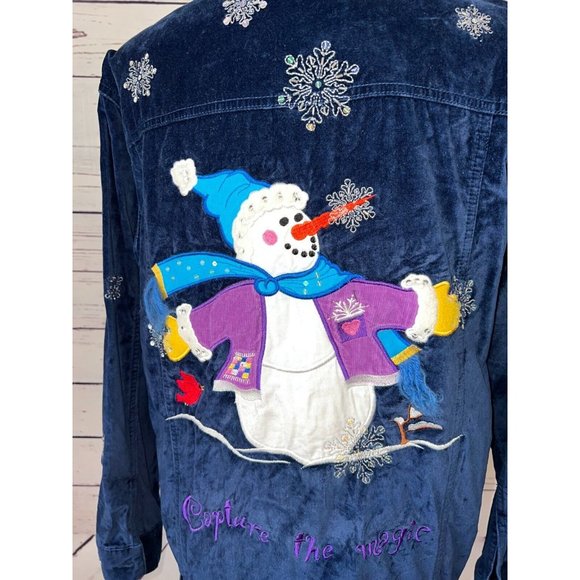 Quacker Factory cardigan‎ Medium Ugly Christmas Sweater Snowman Velour Jacket - Picture 4 of 11